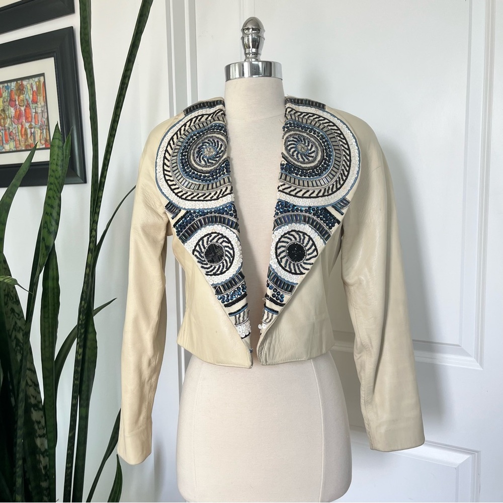 Vintage Leather Jacket with Beaded Collar